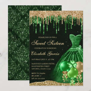 Grüner Kleid und goldenes tropfendes Glitter Sweet Einladung