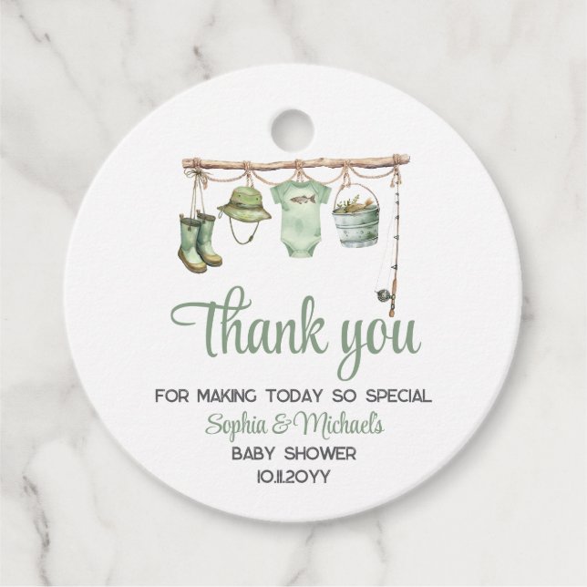 Grüner Kleiner Fischer Baby Shower Geschenkanhänger (Vorderseite)
