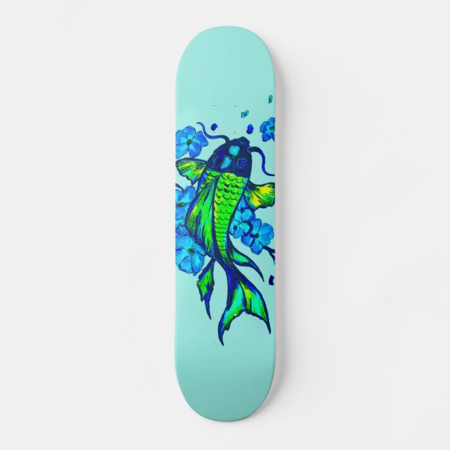 Grüner Koi Karpfen Blaue Blumen Skateboard (Vorderseite)