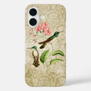 Grüner Kolibri mit rosa Blüten im Vintage-Stil iPhone 16 Hülle