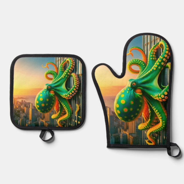 Grüner Kraken Ofenhandschuh & Topflappen-Set (Vorderseite)
