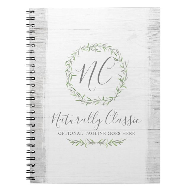 Grüner Kranz aus rustikalem Holz und botanischem B Notizblock (Vorderseite)