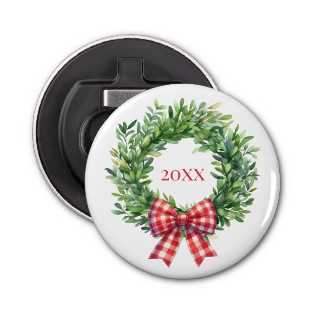 Grüner Kranz mit rotem Gingham Bow Flaschenöffner (Vorderseite)