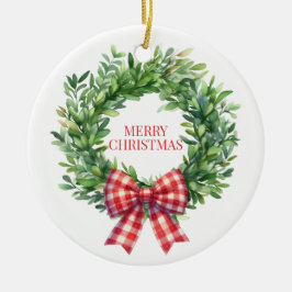 Grüner Kranz mit rotem Gingham Bow Keramik Ornament