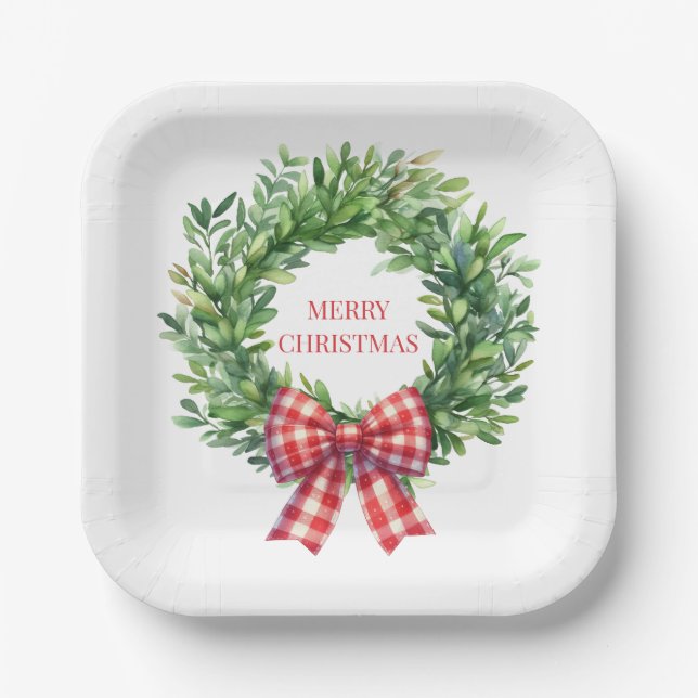 Grüner Kranz mit rotem Gingham Bow Pappteller (Vorderseite)