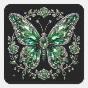 Grüner Kristallschmetterling   Floraler Rahmen Quadratischer Aufkleber