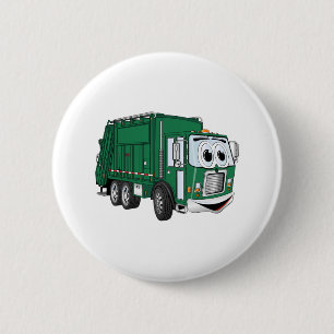 Grüner Lächelnder Garbage Truck Cartoon Button