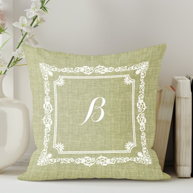 Grüner Leinen Weißer Rahmen Monogramm Kissen (Von Creator hochgeladen)