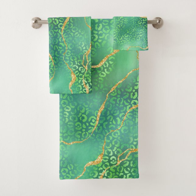 Grüner Leopard-Achat Gold Glitter Design Badhandtuch Set (Insitu)