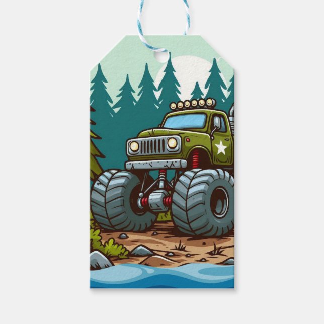 Grüner LKW im Wald Geschenkanhänger (Vorderseite)