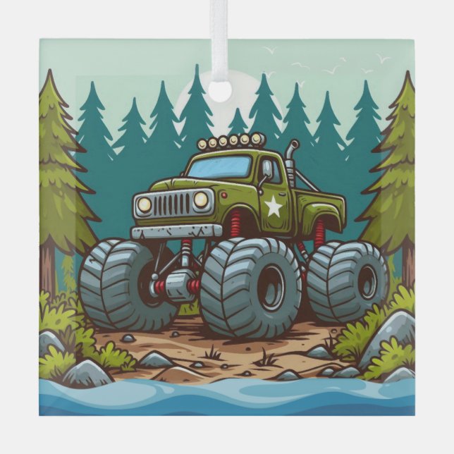 Grüner LKW im Wald Ornament Aus Glas (Vorderseite)
