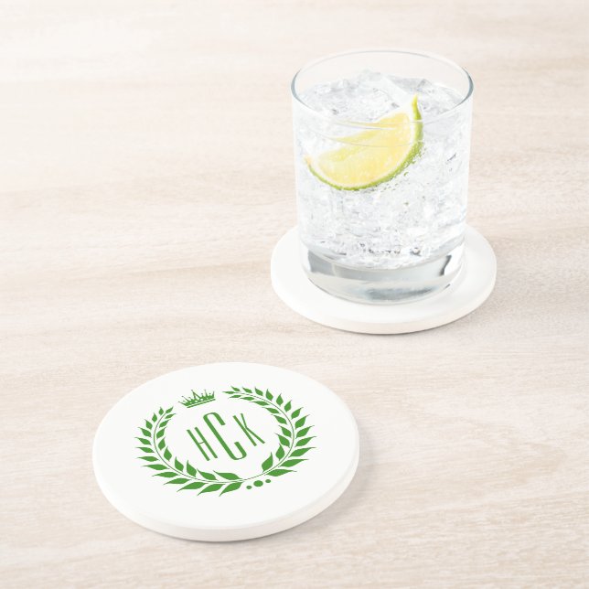 Grüner Lorbeerkranz mit individuellem Monogramm Getränkeuntersetzer (Seite)
