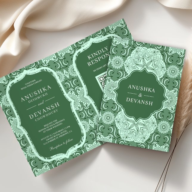Grüner Mandala-QR-Code Indische Hochzeit Einladung (Von Creator hochgeladen)
