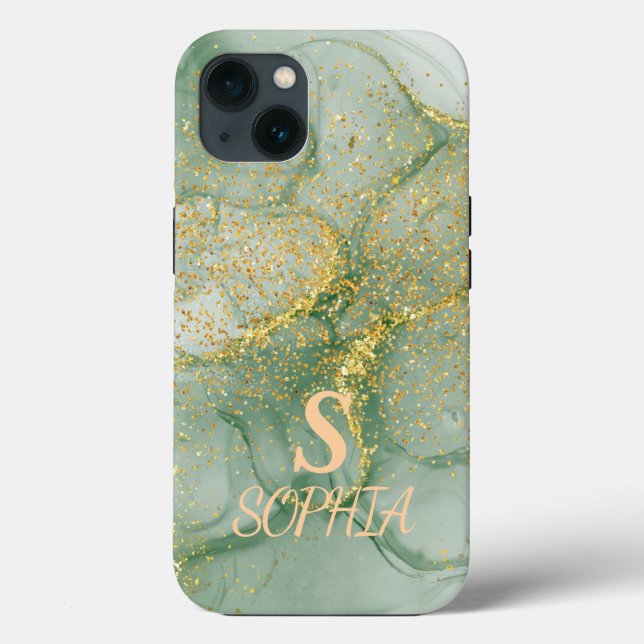 Grüner Marmor Chic Gold Glitter Monogramm Case-Mate iPhone Hülle (Rückseite)