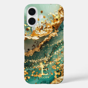 Grüner Marmor Chic Gold Glitter Monogramm iPhone 16 Hülle