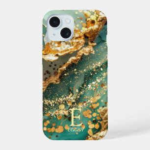 Grüner Marmor Chic Gold Glitter Monogramm iPhone 15 Hülle