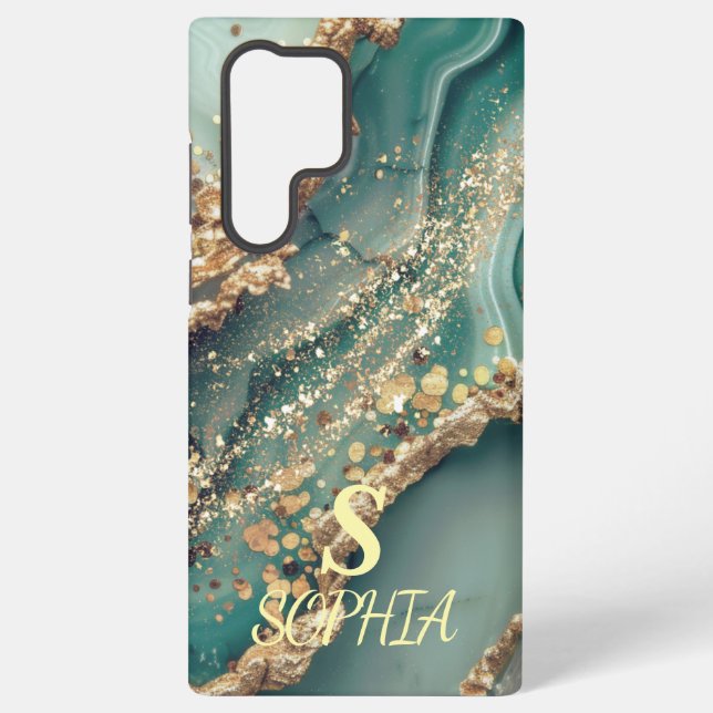 Grüner Marmor Chic Gold Glitter Monogramm Samsung Galaxy Hülle (Rückseite)