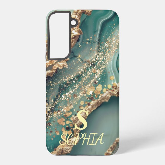 Grüner Marmor schick gold glitzernde Monogramm Samsung Galaxy Hülle (Rückseite)