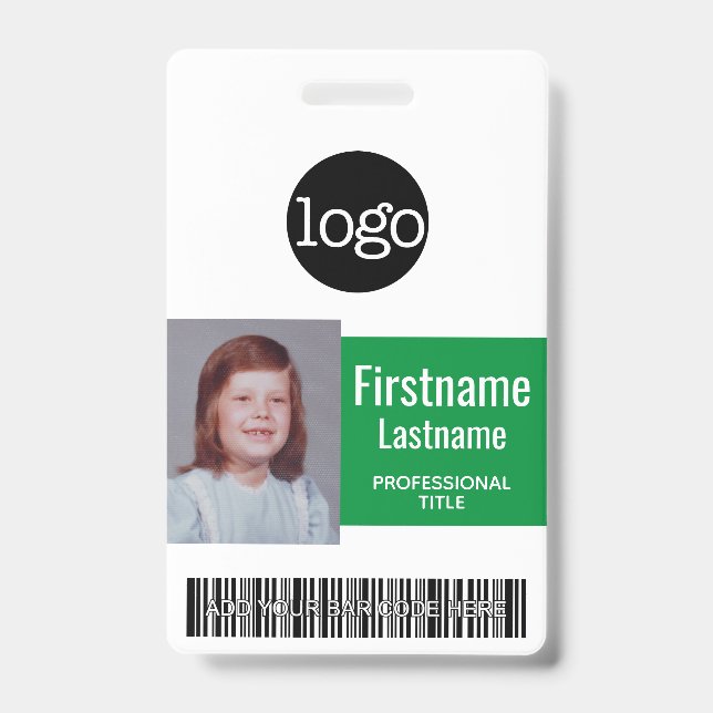 Grüner Mitarbeiter - Foto, Bar, Logo, Name-ID Ausweis (Vorderseite)
