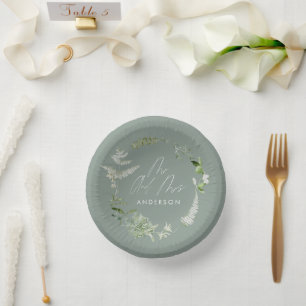 Grüner, moderner botanischer Hochzeitspapp Pappteller
