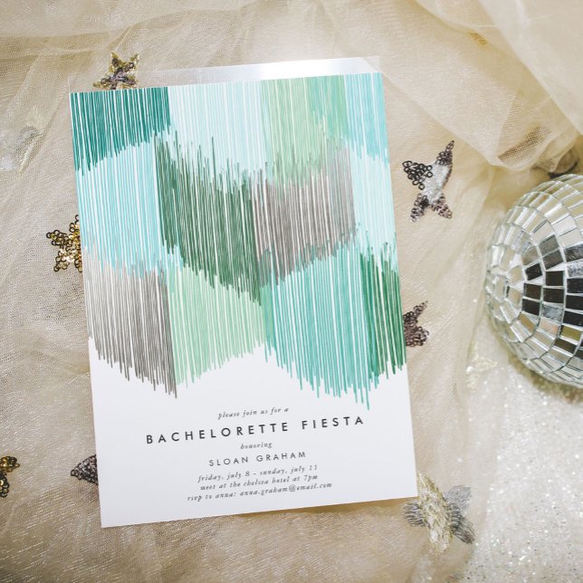 Grüner moderner Junggeselinnen-Abschied Einladung (Green modern fringe bachelorette party invitation.)