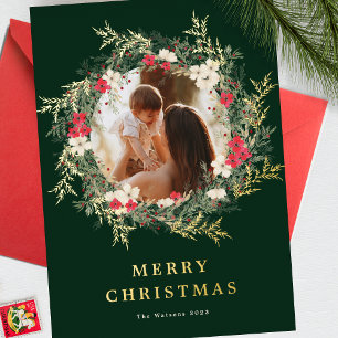 grüner moderner Kranz ein Foto frohe Weihnachten G Folien Feiertagskarte