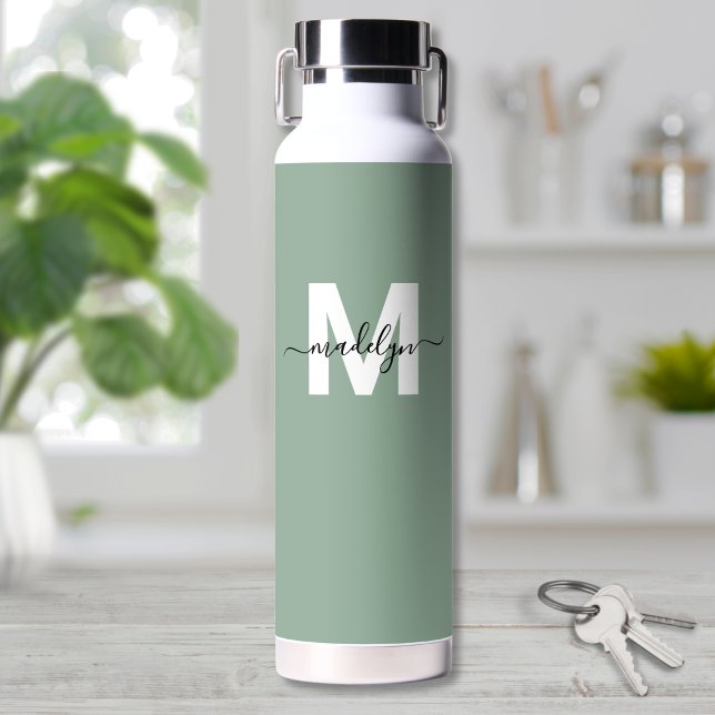 Grüner Moderner Namensmonogramm Trinkflasche (Green Modern Name Monogram Water Bottle)