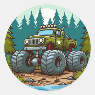 Grüner Monster-Truck im Wald Runder Aufkleber