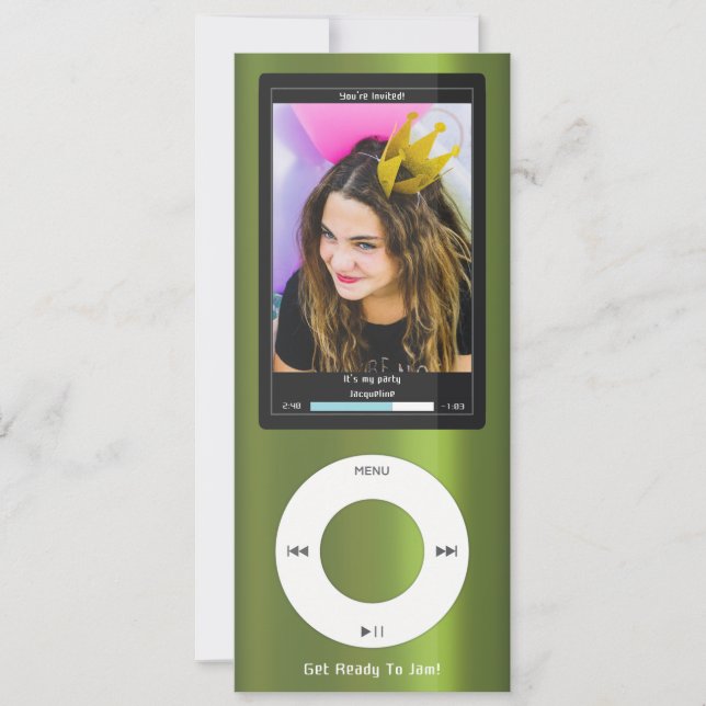 Grüner MP3-Musikplayer II Geburtstag Einladung (Vorderseite)