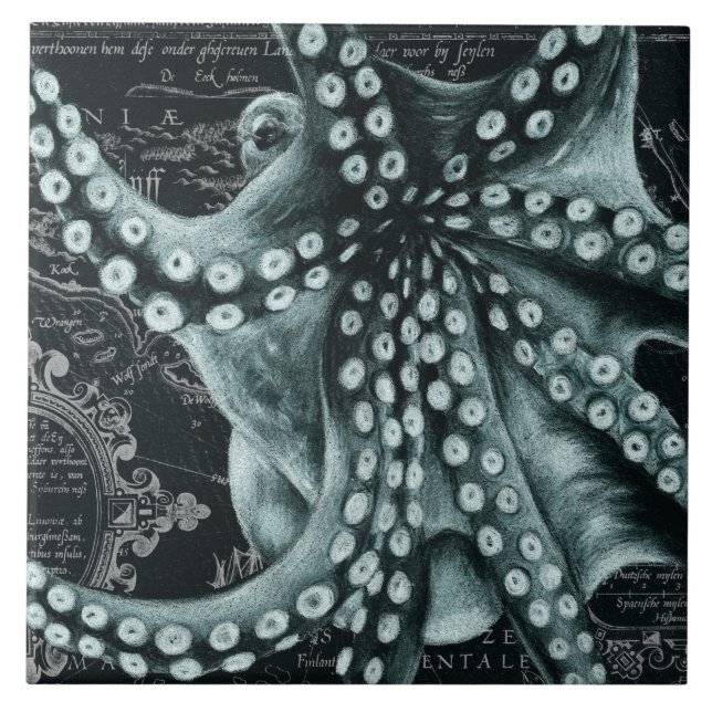 Grüner Oktopus Buntstiftkarte Fliese (Vorderseite)