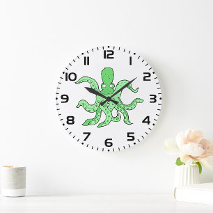 Grüner Oktopus Charakter Quirlige Meerestiere Große Wanduhr