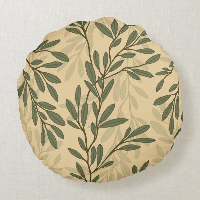 Grüner Olivenbaum Zweig Mittelmeer Muster Rundes Kissen (Rückseite)