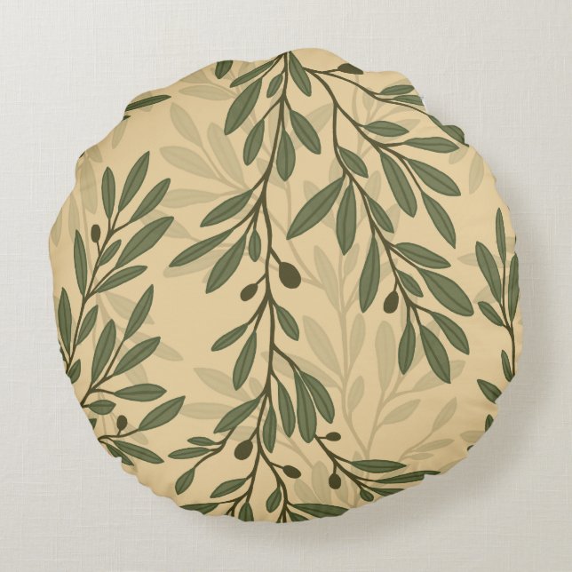 Grüner Olivenbaum Zweig Mittelmeer Muster Rundes Kissen (Rückseite)
