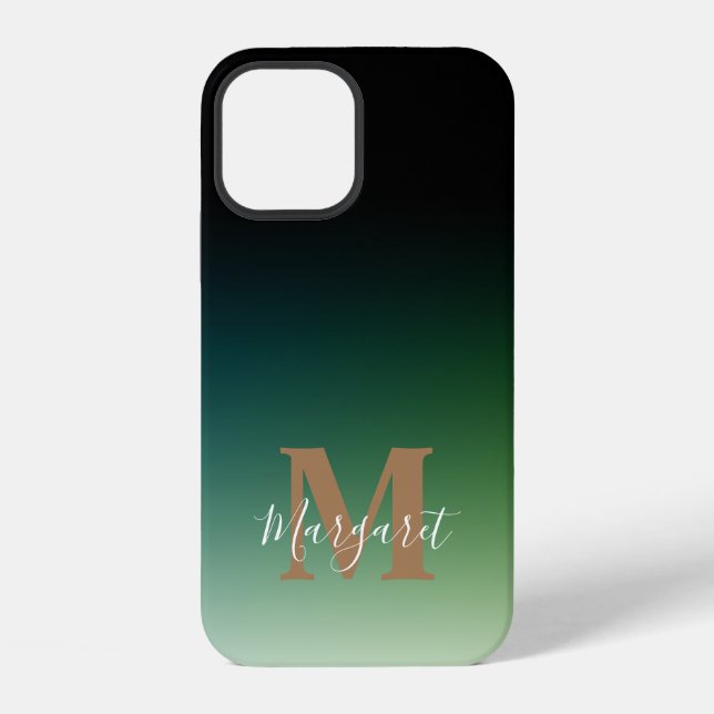 Grüner Ombre-Gold-Monogramm iPhone Hülle (Rückseite)
