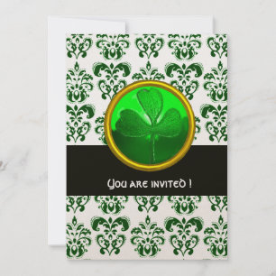 GRÜNER ORANGE DAMASK MIT Schwarz-weißem KLEEBLATT Einladung