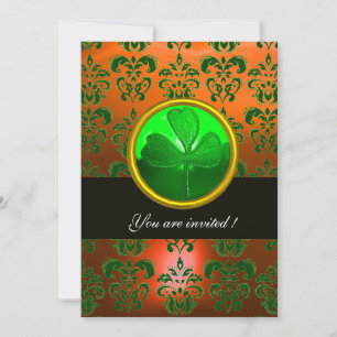 GRÜNER ORANGER DAMAST MIT SHAMROCK, schwarz Einladung