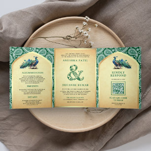 Grüner Paisley Indischer Pfau QR Code Hochzeit Dreifach Gefaltete Einladung
