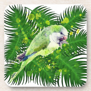 Grüner Papagei und Blätter aus Palmen, Aquarell Getränkeuntersetzer
