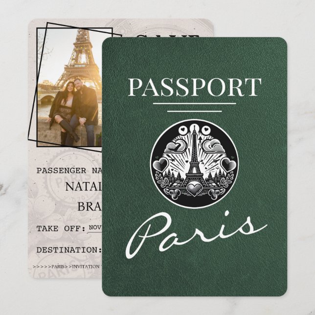 Grüner Paris Reisepass Save The Date (Vorne/Hinten)