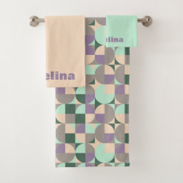 Grüner Pfefferbeige abstrakter geometrischer Muste Badhandtuch Set