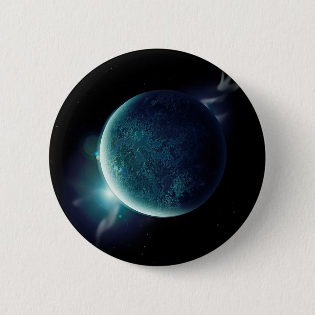 grüner Planet im Universum mit Aura und Sternen Button (Vorderseite)