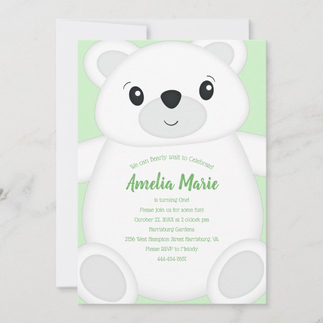 Grüner Polar Bär Geburtstagspartei Einladung (Vorderseite)