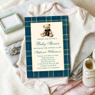 Grüner Preppy-Karierter Vintage-Teddybär-Baby-Part Einladung