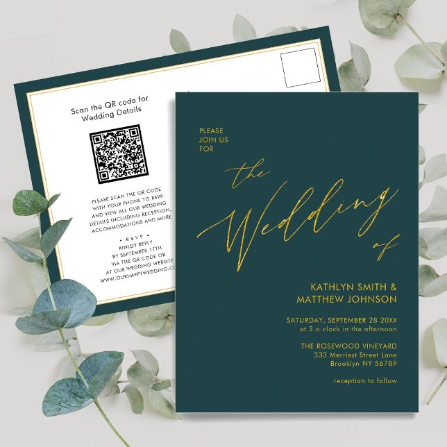 Grüner QR-Code in einer goldenen Script-Hochzeit Einladungspostkarte (Von Creator hochgeladen)