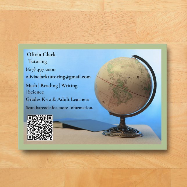 Grüner QR-Code-Tutor-Lehrer-Globus-Buch-Klassenzim Visitenkarte (Light Green Globe Business Card for Teacher )