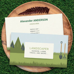 Grüner Rasen, Schaufel und Rake - Landscaper Visitenkarte