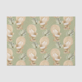 Grüner Rattanstuhl und Palmenleaf Seidenpapier