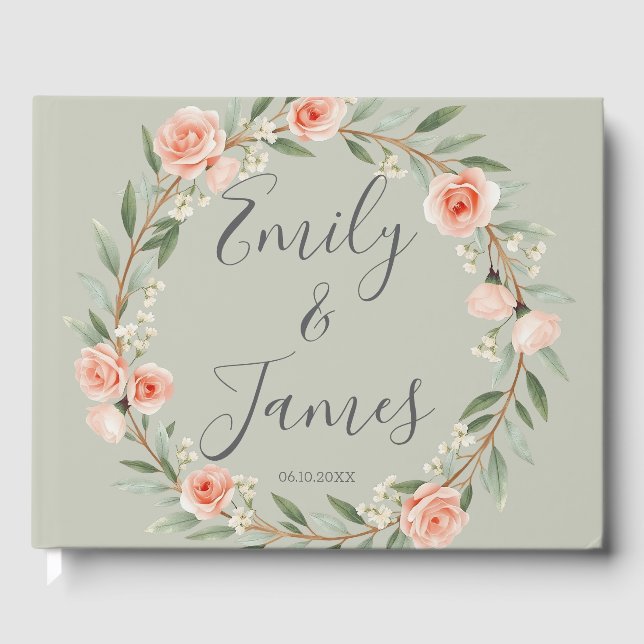 Grüner, romantischer Rose-Kranz Gästebuch (Vorderseite)