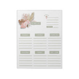Grüner Rosa Blumen Boho Wochenplaner Kalender Notizblock