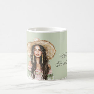 Grüner rosa Kleid weiblicher Hut Kaffeetasse
